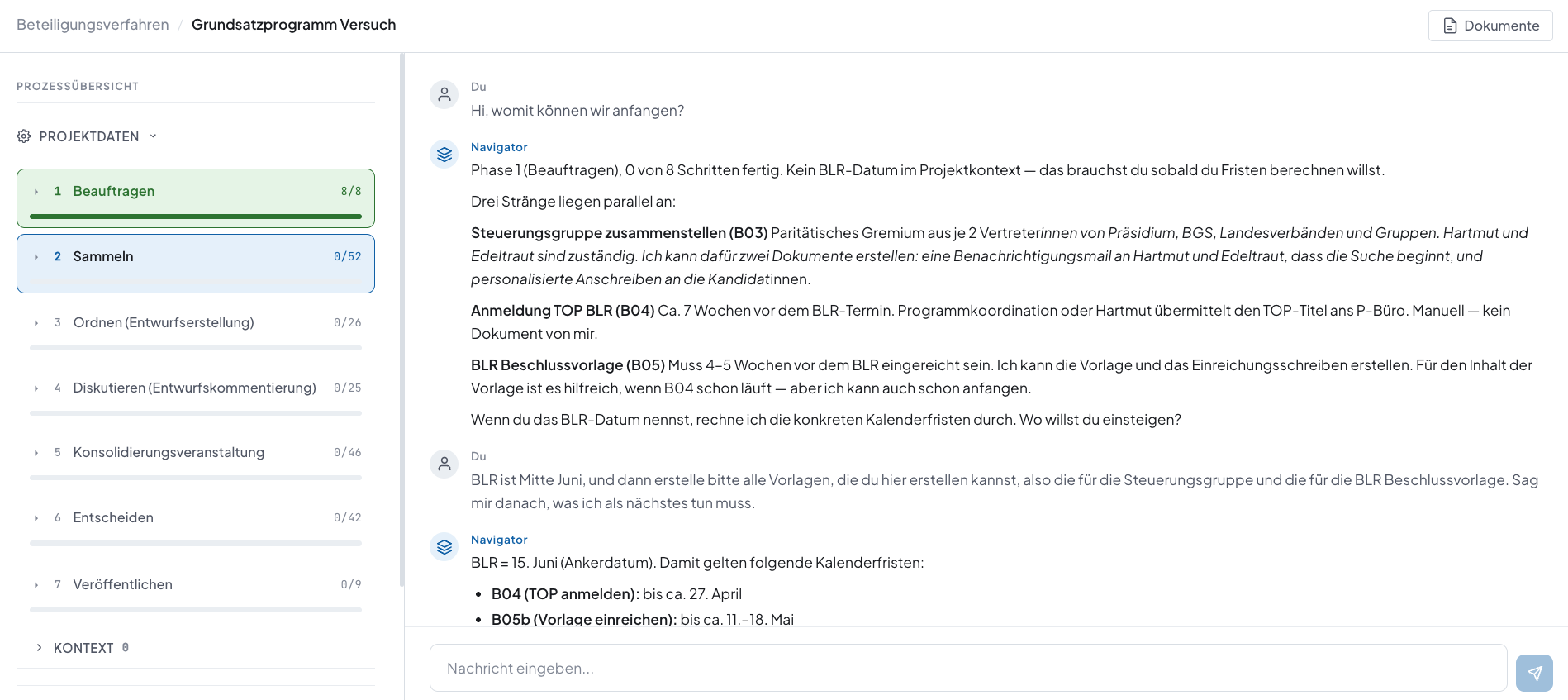Split-view workspace with process timeline and Navigator chat