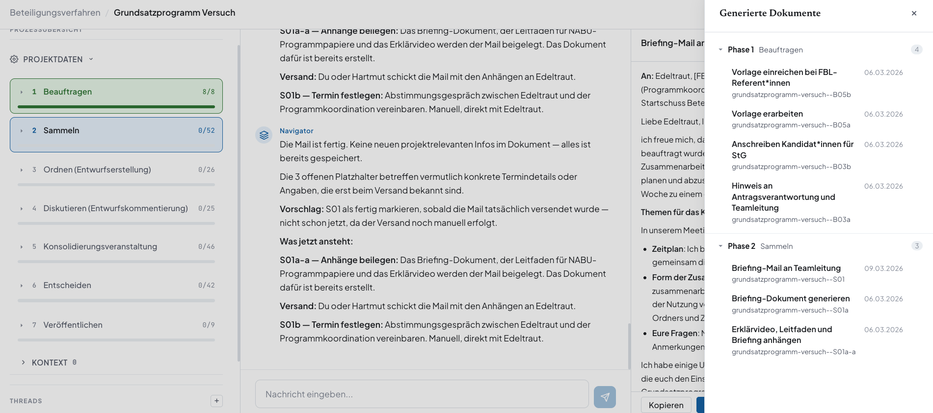 Documents drawer showing all generated files